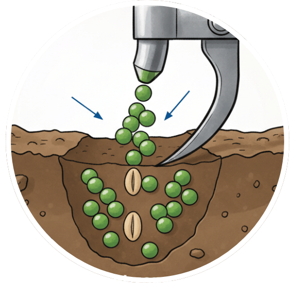 Coated fertilizer placed below the soil surface beside seeds